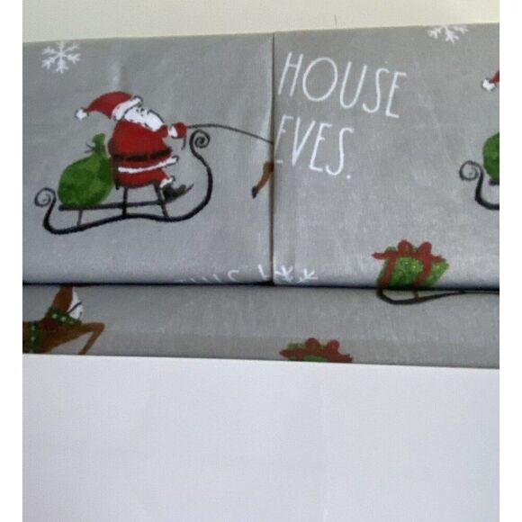 Rae Dunn Christmas Santa Claus Sleigh Reindeer QUEEN SIZE Soft Sheet Set Grey - Picture 4 of 16